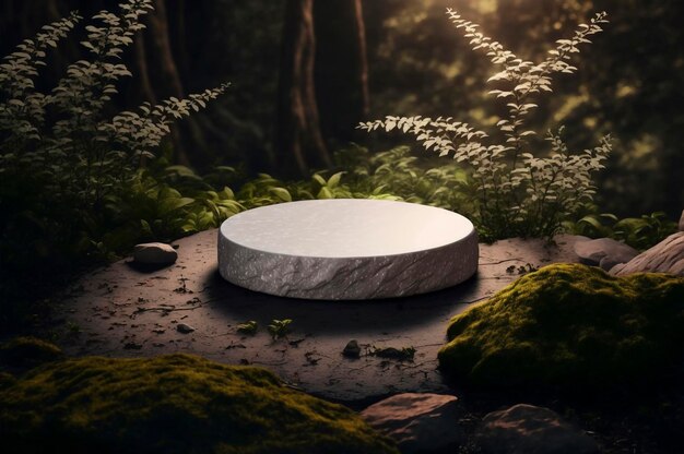 Piedistallo di roccia piatta in pietra grigia per esposizione del prodotto foresta verde sullo sfondo scenario naturale luce soffusa del paesaggio Creato con la tecnologia Generative AI