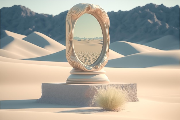 Piedistallo in pietra del prodotto con esposizione sul podio 3D con uno specchio posizionato nel deserto Ai generato