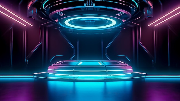Piedistallo in un futuristico tunnel di fantascienza con forme astratte generate dall'intelligenza artificiale
