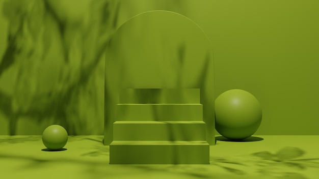 piedistallo o podio naturale verde, piattaforma vuota per vetrina prodotti, rendering 3D