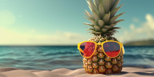 Pienapple con occhiali da sole sullo sfondo estivo del mare tropicale IA generativa