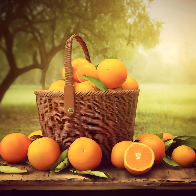 pieno di cestini di arance e limoni sul tavolo in giardino
