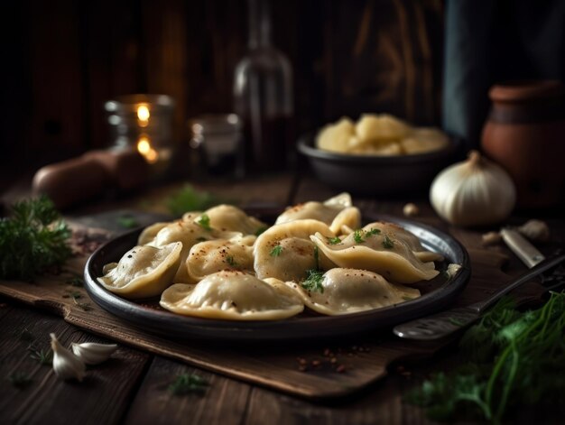 Pierogi in una cucina rustica Fotografia alimentare