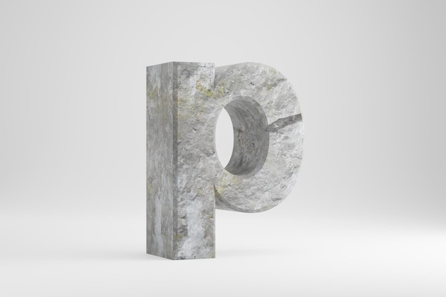 Pietra 3d lettera P minuscola. Lettera strutturata della roccia isolata su fondo bianco. carattere di carattere di pietra reso 3D.