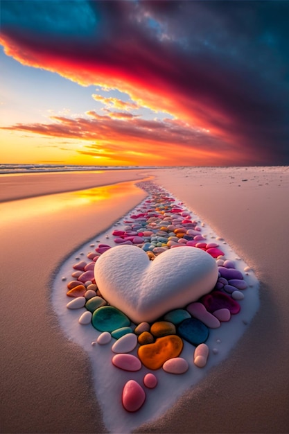 Pietra a forma di cuore su una spiaggia al tramonto ai generativa