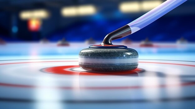 Pietra di curling sul ghiaccio di una pista da ginnastica coperta