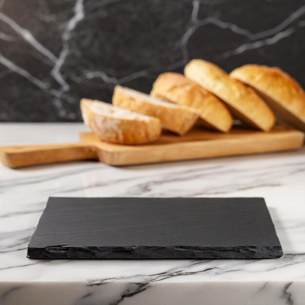 Pietra di superficie nera vuota per visualizzare il cibo sulla cucina in marmo con pane sullo sfondo