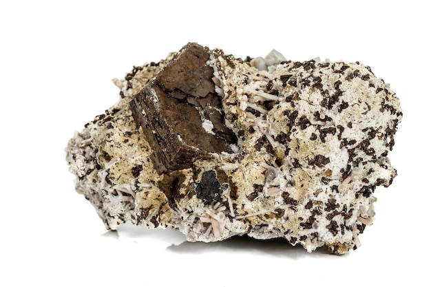 Pietra macro Minerale di pirite nella roccia su sfondo bianco