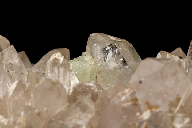 Pietra minerale macro Quarzo prehnite su sfondo nero