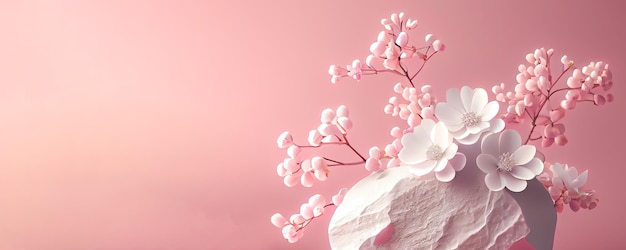 Pietre bianche con fiori in fiore su sfondo rosa Sfondo banner panoramico con spazio per la copia