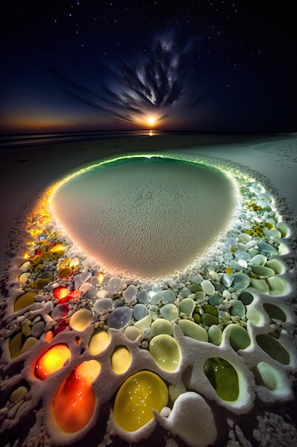 pietre dai colori vivaci sono disposte in cerchio su una spiaggia ai generativa