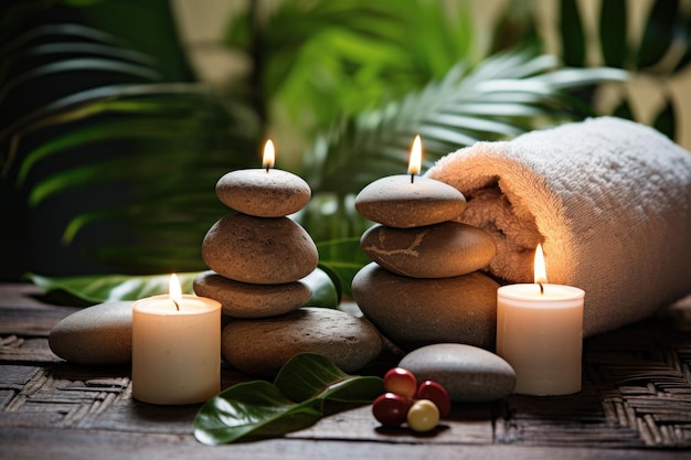 Pietre di spa e candele su tavolo di legno su sfondo naturale Concetto Zen Concetto di spa Pietre di massaggio con asciugamani e candele su sfondo naturale AI Generato
