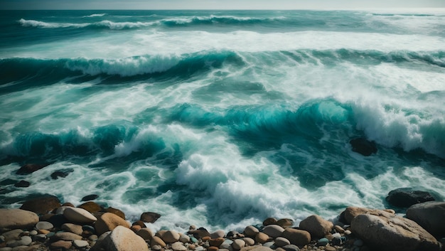 Pietre di vetro marino disposte in una piramide di equilibrio sulla spiaggia Bellissimo mare di colore azzurro con sfocato