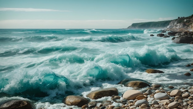 Pietre di vetro marino disposte in una piramide di equilibrio sulla spiaggia Bellissimo mare di colore azzurro con sfocato