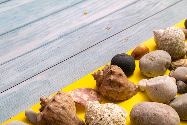 Pietre e conchiglie su uno sfondo di legno blu e uno sfondo giallo. Tema marino.