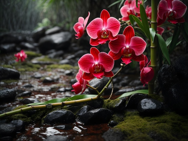 Pietre nere dell'orchidea del ramo rosso con boschetto di bambù su fondo bagnato