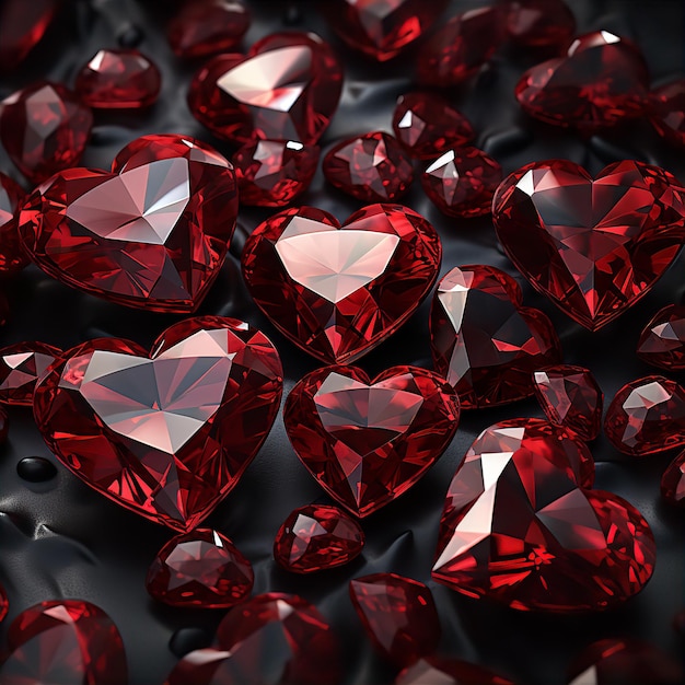 Pietre preziose di diamante rosse scintillanti a forma di cuore su sfondo nero