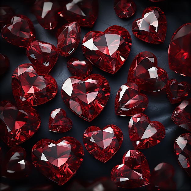 Pietre preziose di diamante rosso scintillanti a forma di cuore su uno sfondo nero isolato
