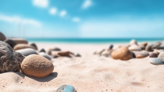 Pietre su una spiaggia con un cielo blu sullo sfondo