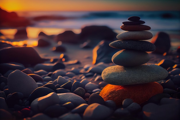 Pietre su una spiaggia di ciottoli al tramonto ai generativo