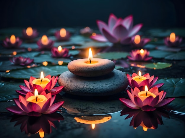 pietre zen con candela e fiore di loto sullo sfondo