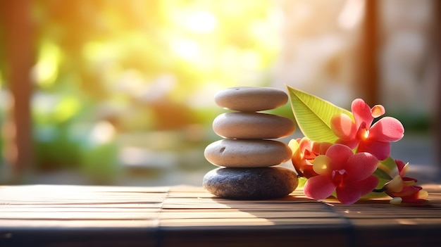 pietre zen e fiore sulla tavola di legno
