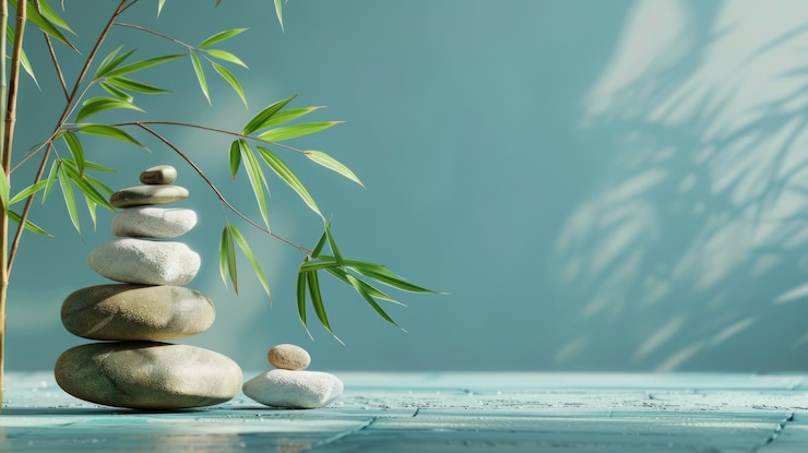 Foto pietre zen e ramo di bambù su una superficie di legno blu