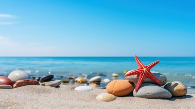 Pietre zen e stelle marine rosse sulla spiaggia sullo sfondo del cielo blu