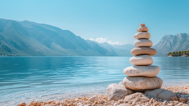 Pietre Zen impilate da un calmo lago blu