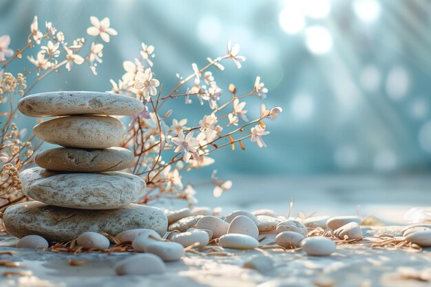 Pietre zen impilate sullo sfondo di delicati fiori bianchi e ciottoli che evocano un senso di equilibrio