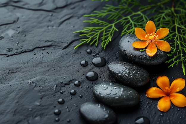 Pietre zen nere e fiori arancione su uno sfondo di pietra