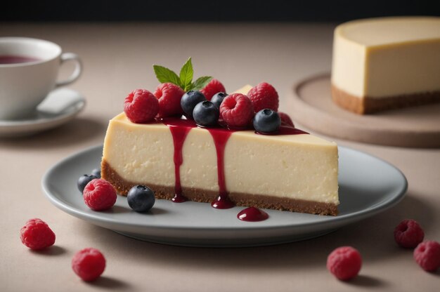 Pieza di cheesecake classica con lamponi e mirtilli