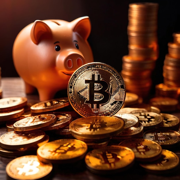 Piggy bank accanto alla criptovaluta digitale bitcoin che mostra il risparmio e la ricchezza attraverso la crittografia