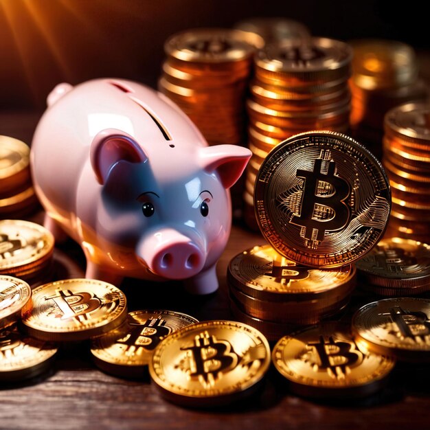 Piggy bank accanto alla criptovaluta digitale bitcoin che mostra il risparmio e la ricchezza attraverso la crittografia