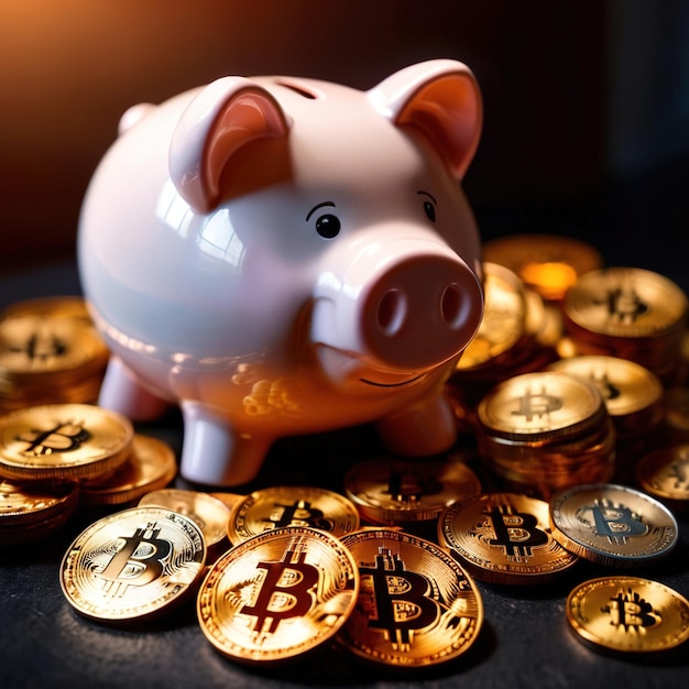 Piggy bank accanto alla criptovaluta digitale bitcoin che mostra il risparmio e la ricchezza attraverso la crittografia