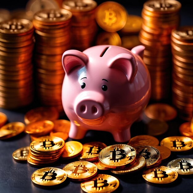 Piggy bank accanto alla criptovaluta digitale bitcoin che mostra il risparmio e la ricchezza attraverso la crittografia