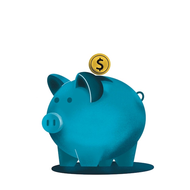 Piggy bank blu e monete isolate background aziendale e logo