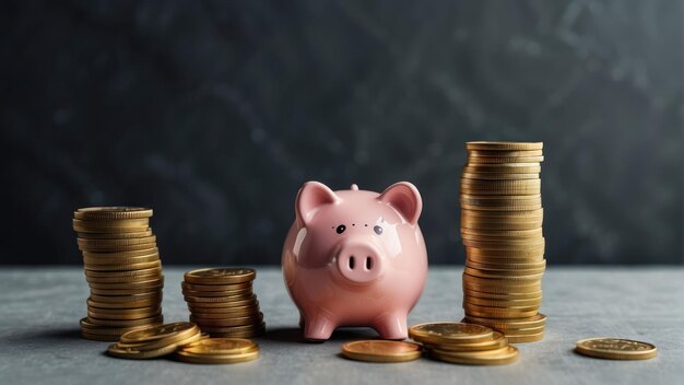 Piggy bank con Bitcoin e pile di monete