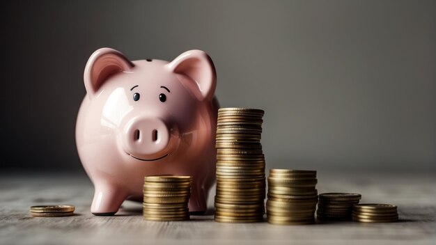 Piggy bank con Bitcoin e pile di monete