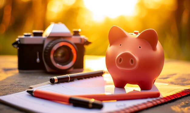 Piggy Bank con blocco appunti e obiettivi finanziari