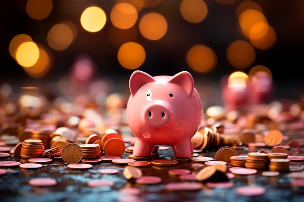 Piggy bank con molte monete generative ai