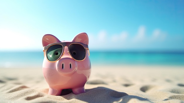 Piggy bank con occhiali da sole in vacanza in spiaggia