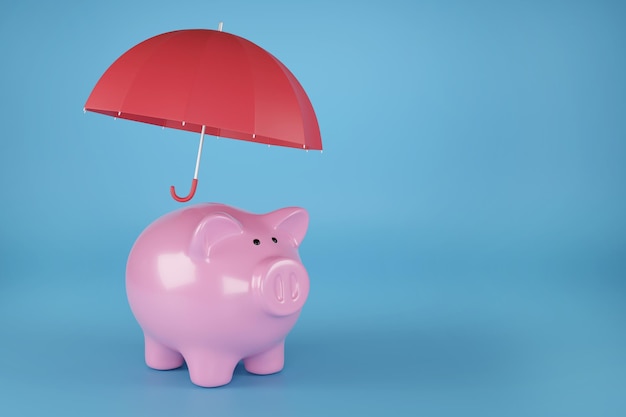 Piggy bank con ombrello con spazio di copia illustrazione 3D
