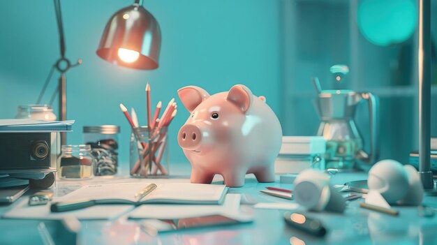 Piggy bank con roba aziendale concetto di business e finanza