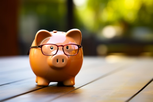 Piggy bank con un paio di occhiali sopra Generativa AI