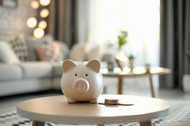 Piggy Bank con una pila di monete su un tavolo di legno