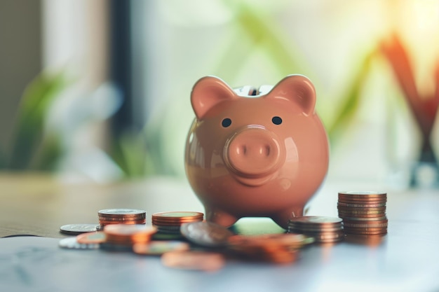 Piggy Bank con una pila di monete su un tavolo di legno