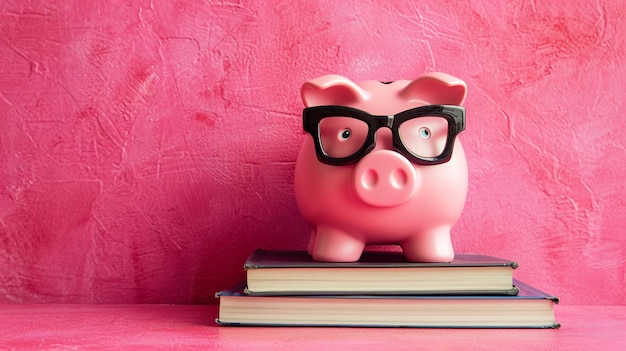 Piggy bank in occhiali con libri