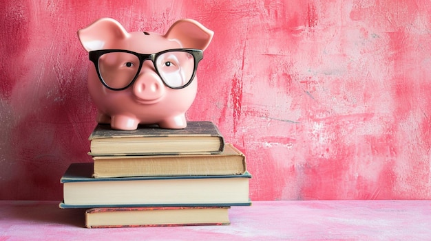 Piggy bank in occhiali con libri