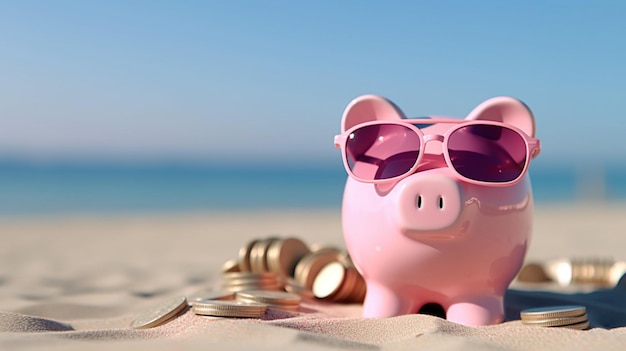 Piggy bank rosa con occhiali da sole e monete sulla spiaggia